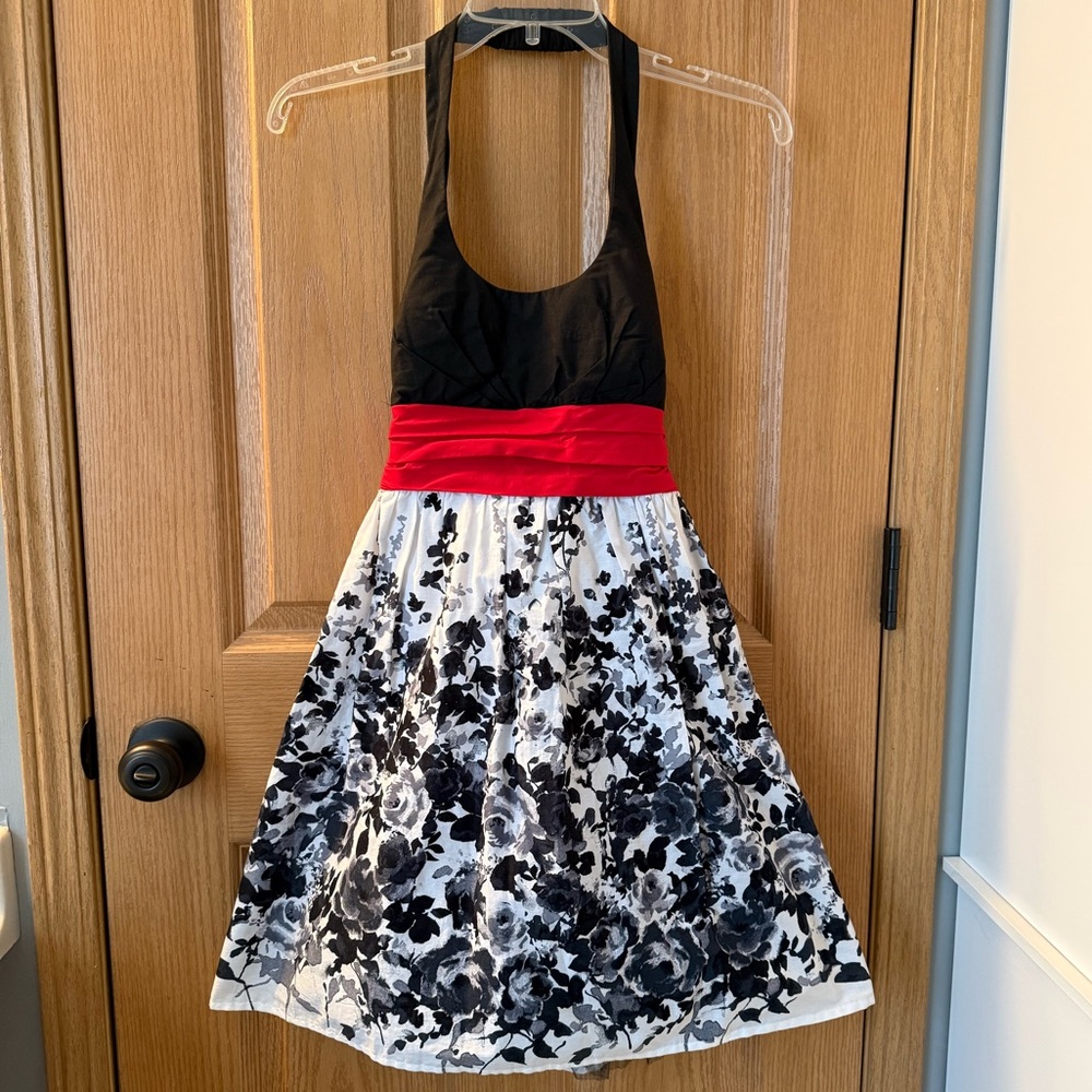 City Triangles Black, White & Red Floral Halter Dress